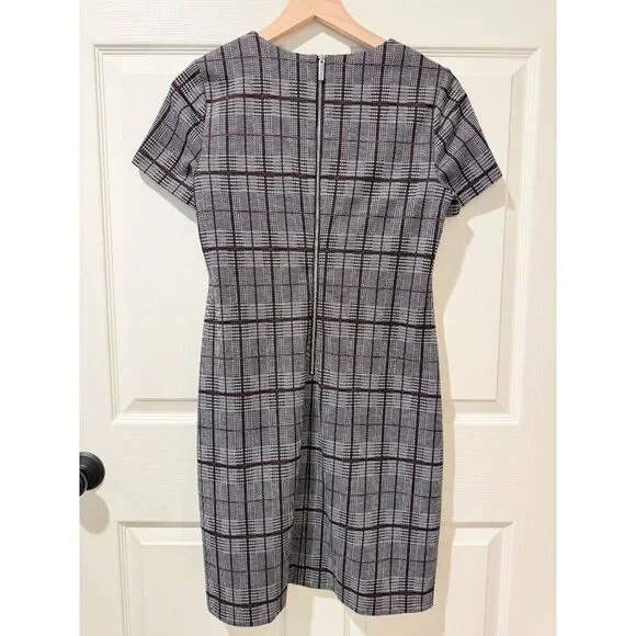 Calvin Klein Black White Houndstooth Plaid Short Sleeve Midi Knee Sheath Dress 8 - Picture 3 of 12